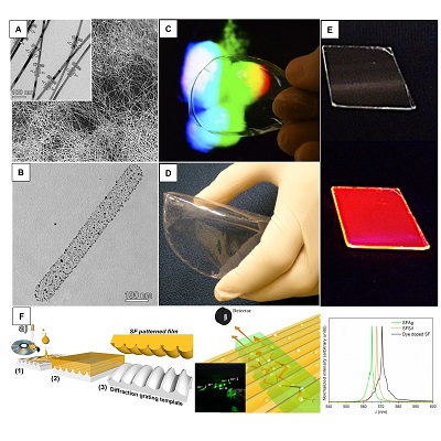 A) SEM and MET of ultra-fine silver nanowires and, B) nanohybrid phenolic resin modified with nanoparticles of gold. 1D tellurium nanostructures were used as mold of sacrifice. C) and D) Hybrid Film Photographs of fibroin and cellulose acetate, respectively, modified with fibroin epoxysilane; E) Thin films of recycled expanded polystyrene containing europium under white light illumination (upper part) and black light (lower part); F) Bragg gratings of silk doped fibroin with rhodamine obtained by the replica of the diffraction of a DVD. The introduction of light scattering nanoparticles (such as silver and silica nanoparticles) in the Bragg grids of fibroin has been shown to be efficient for laser distributed feedback.