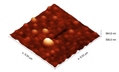 Imagem de microscopia de força atômica de uma nanopartícula de ouro sobre substrato de GaAs evidenciando o rastro deixado pelo movimento da mesma.